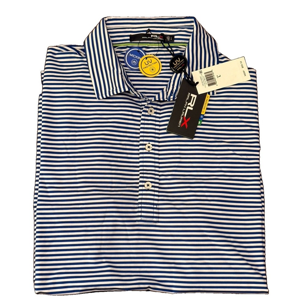 RLX Shirt Mens Large Blue White Polo Ralph Lauren Golf Short Sleeve New With Tag